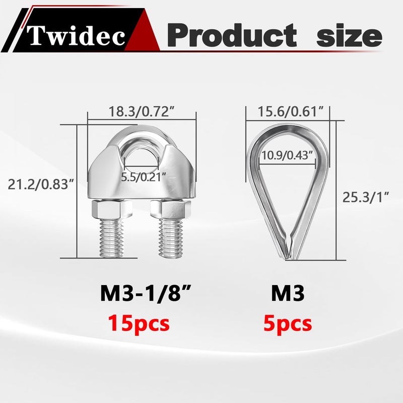 Twidec /20PCS 304 Stainless Steel 1/8" Wire Rope Cable Clip Clamp and Stainless Steel Thimbles for Wire Rope Rigging Tent Rope Guardrail System - Image 2